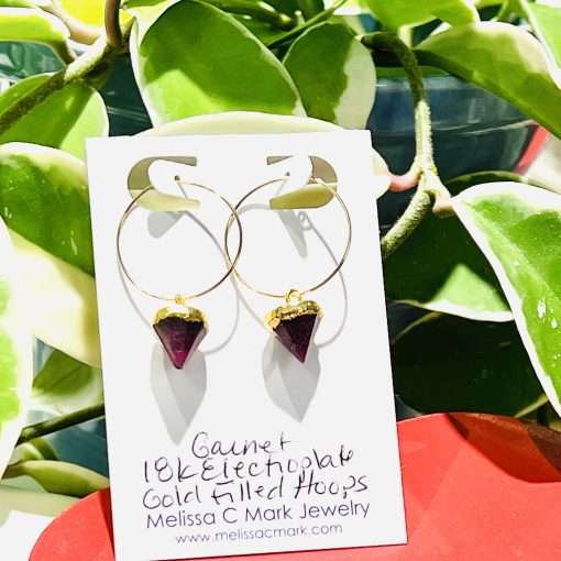 Gold Electroplated Garnet Cone Hoop Earrings