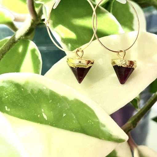 Gold Electroplated Garnet Cone Hoop Earrings - Image 2